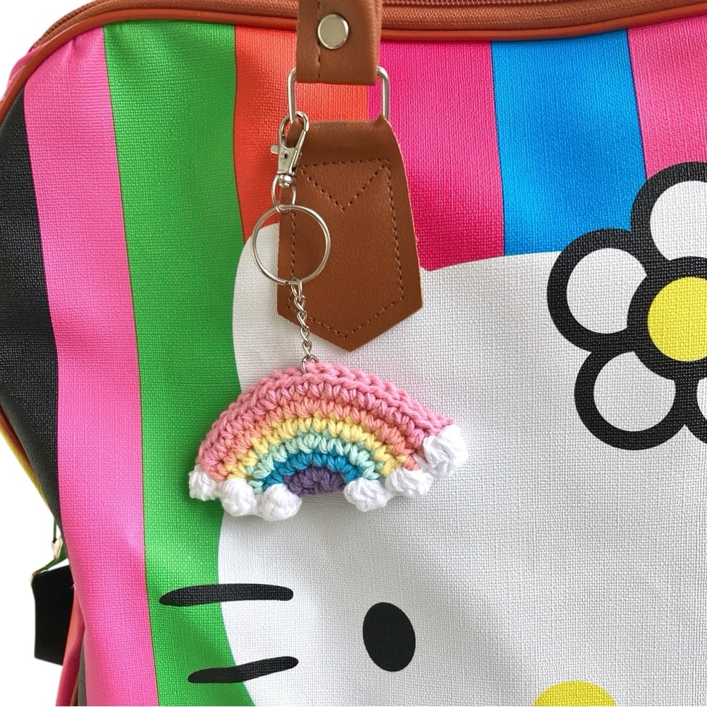 Hand Crafted Rainbow Keychain Bag Charm crocheted handmade with clouds pastel - Picture 7 of 8